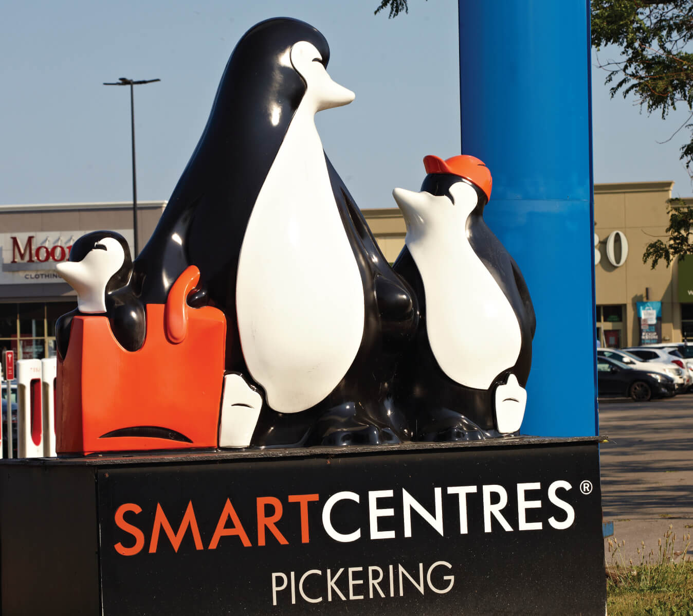 SmartCentres Markham signature penguin sculpture at its main entrance.