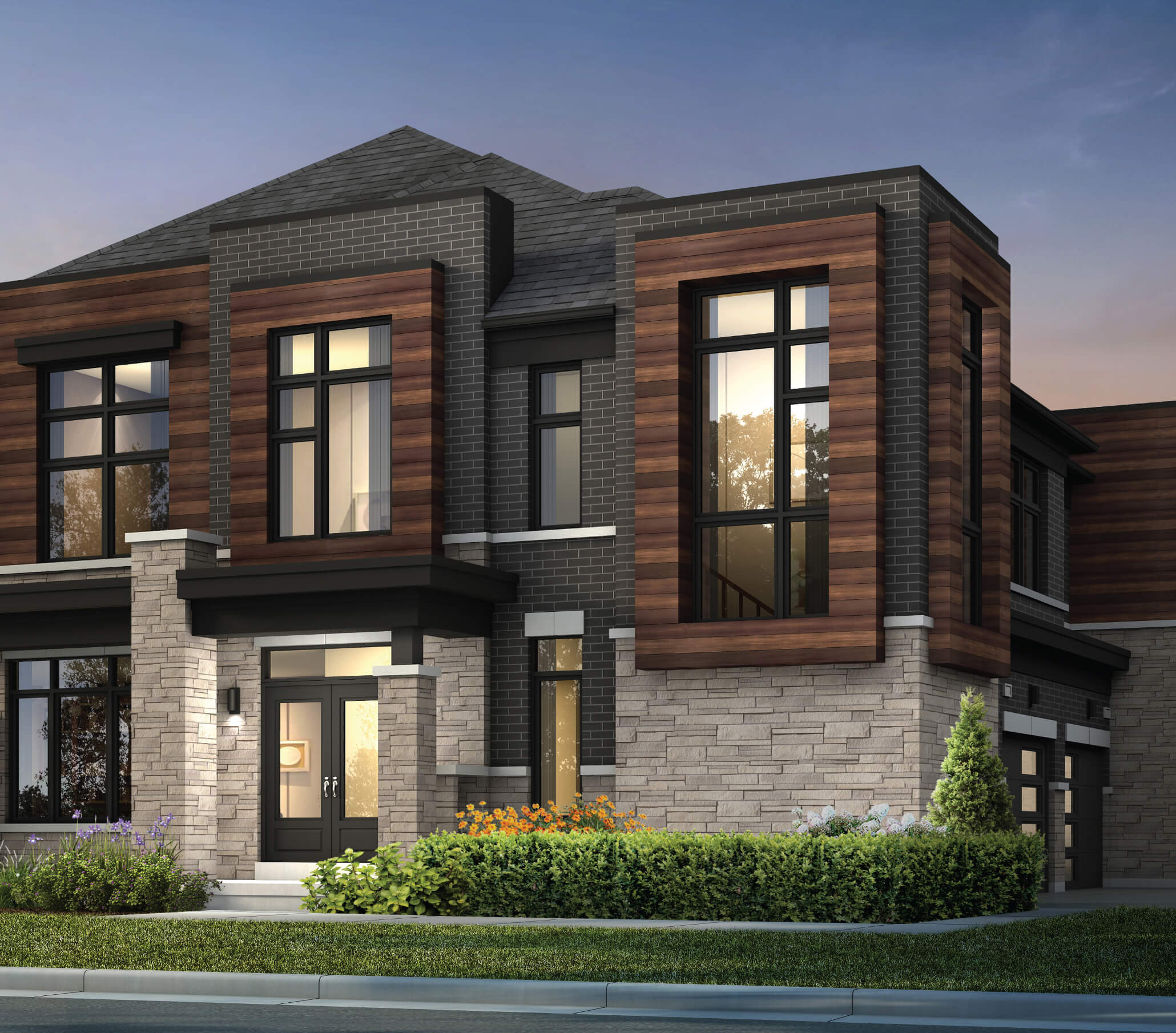 Exterior twilight view of a distinctly modern New Kleinburg detached elevation, featuring a combination of brick, wood, and stone.
